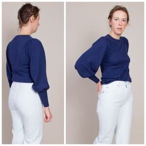 APIECE APART $355 Dewi Puff Sleeve Crew Pullover Cotton Cashmere Navy Medium